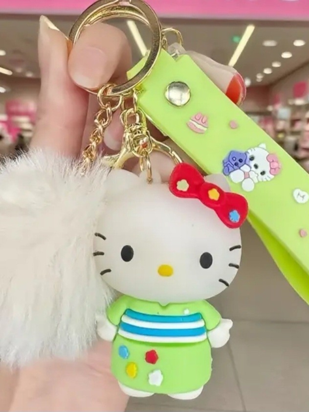 Hello Kitty Green Pom-Pom Keychain with Neon Green, 3 Piece